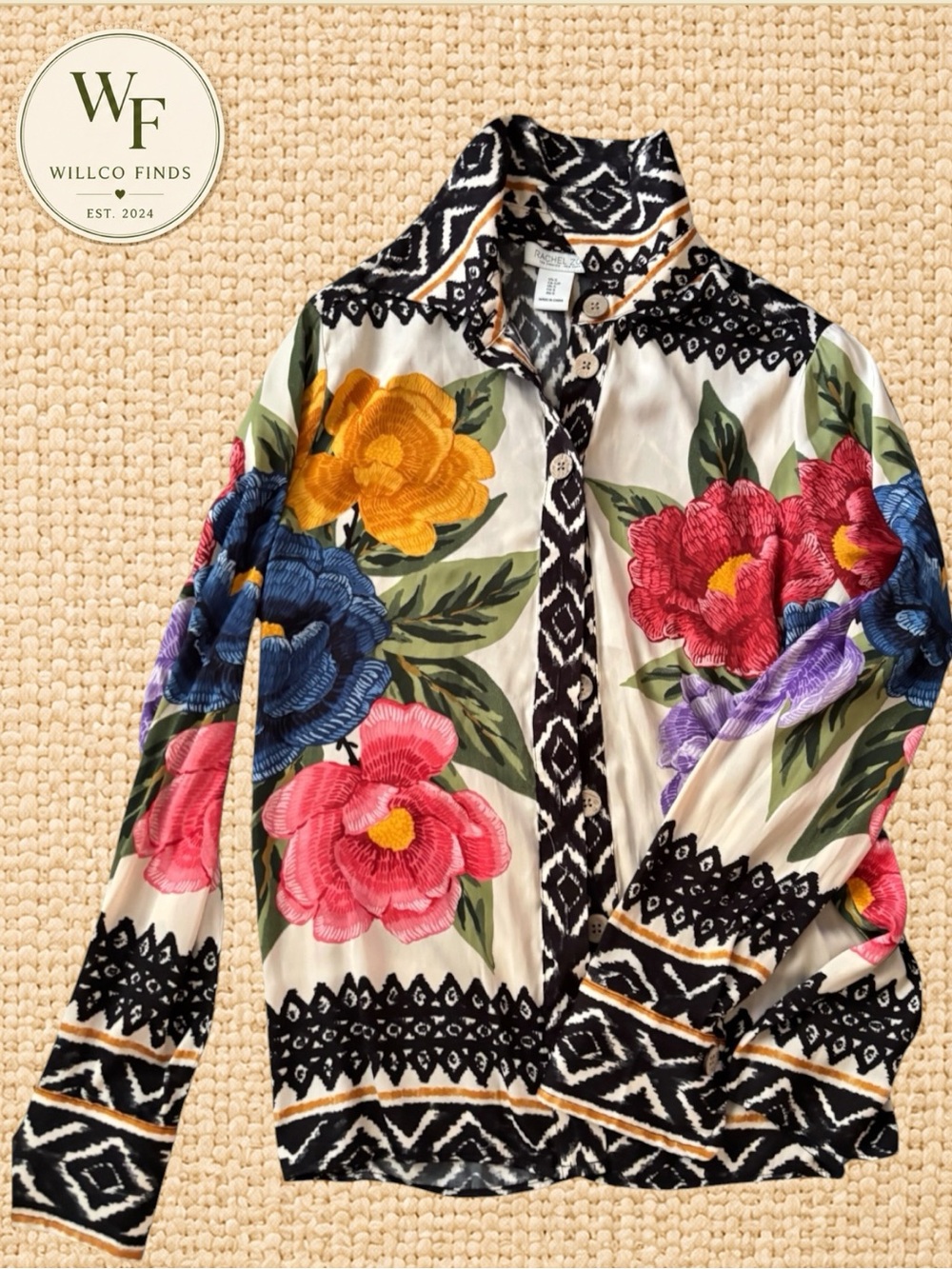 Rachel Zoe Floral Geometric Button Front Blouse Size S Boho Statement